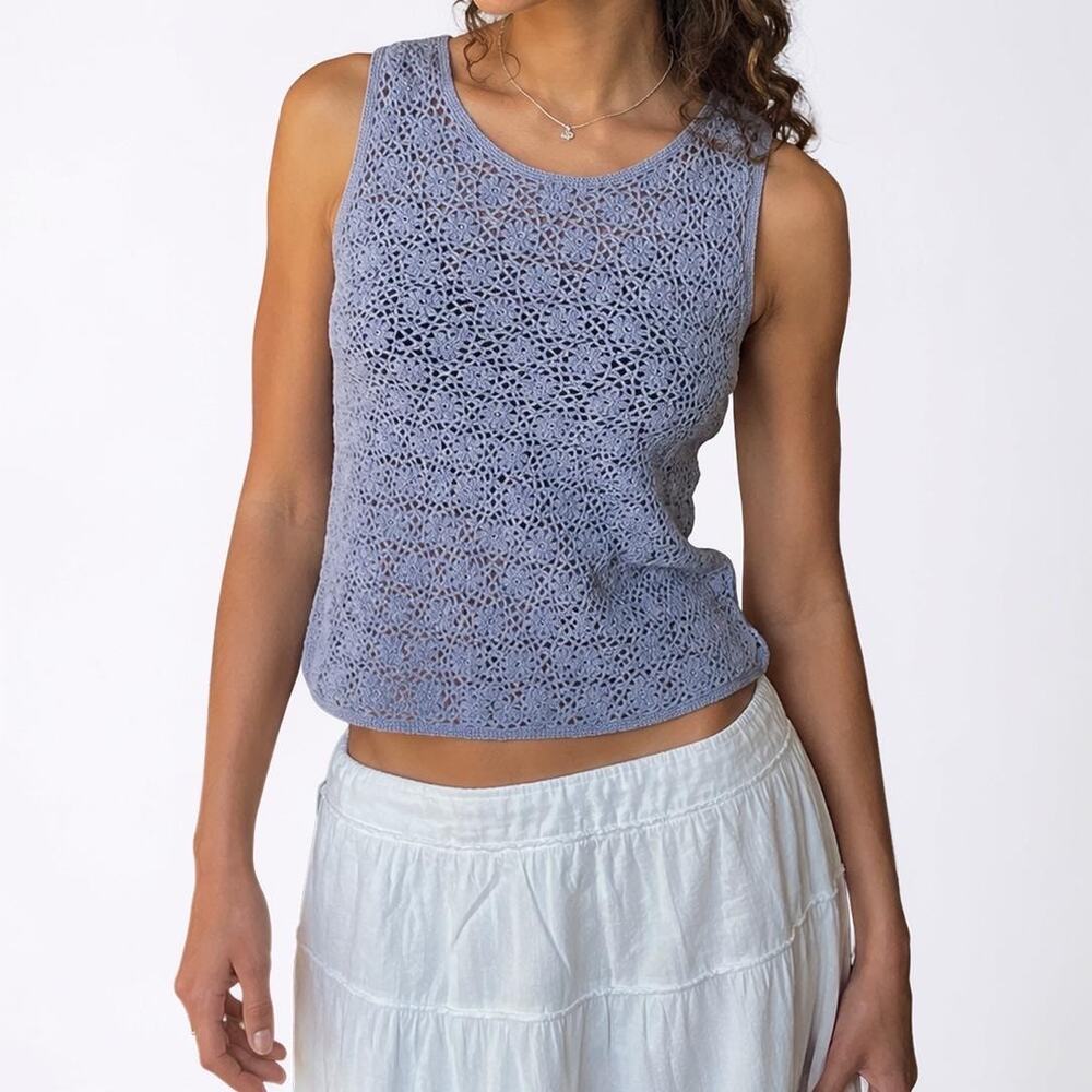 Vintage Y2K East Blue Floral Crochet Knit Tank Top Medium